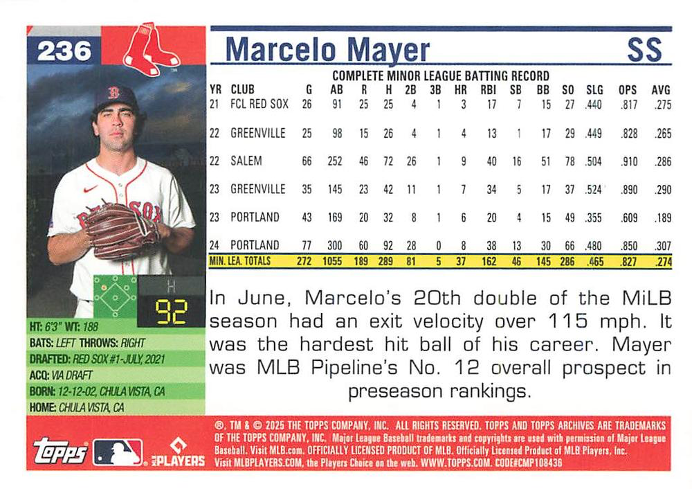 2025 Topps Archives Marcelo Mayer RC #236 Boston Red Sox