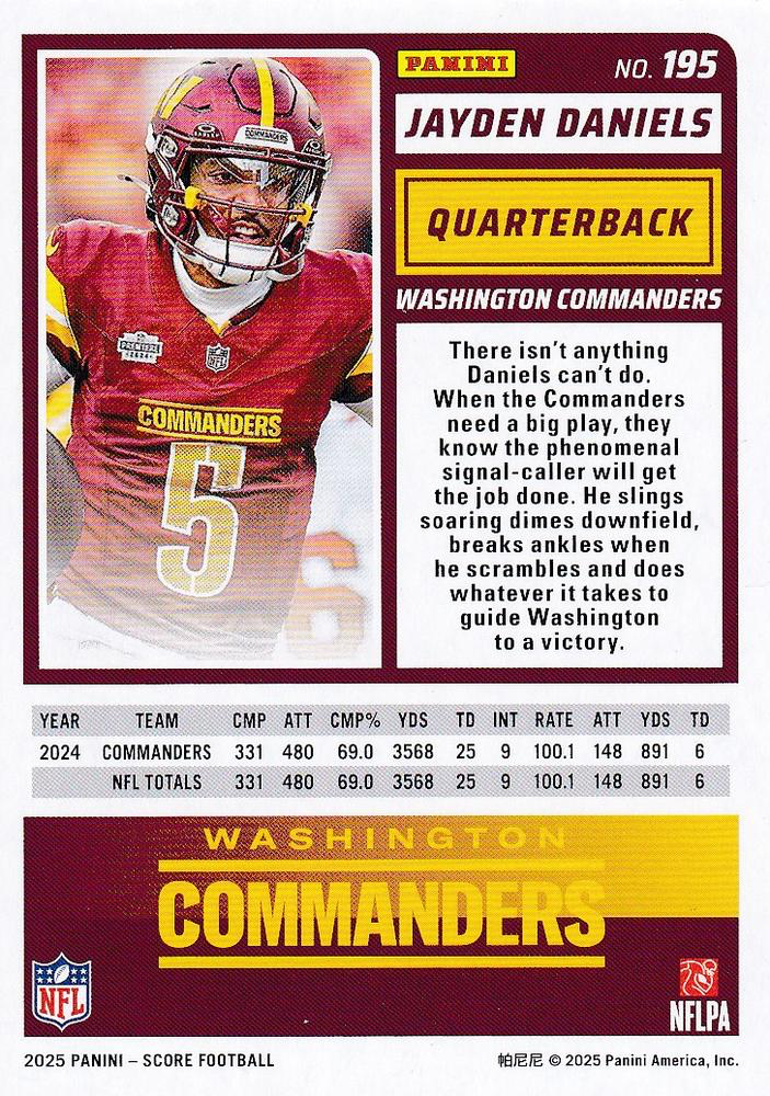 2025 Panini Score Jayden Daniels #195 Washington Commanders