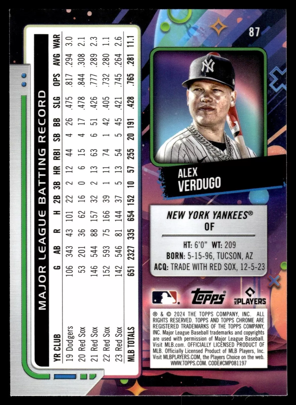 2024 Topps Cosmic Chrome Alex Verdugo New York Yankees #87