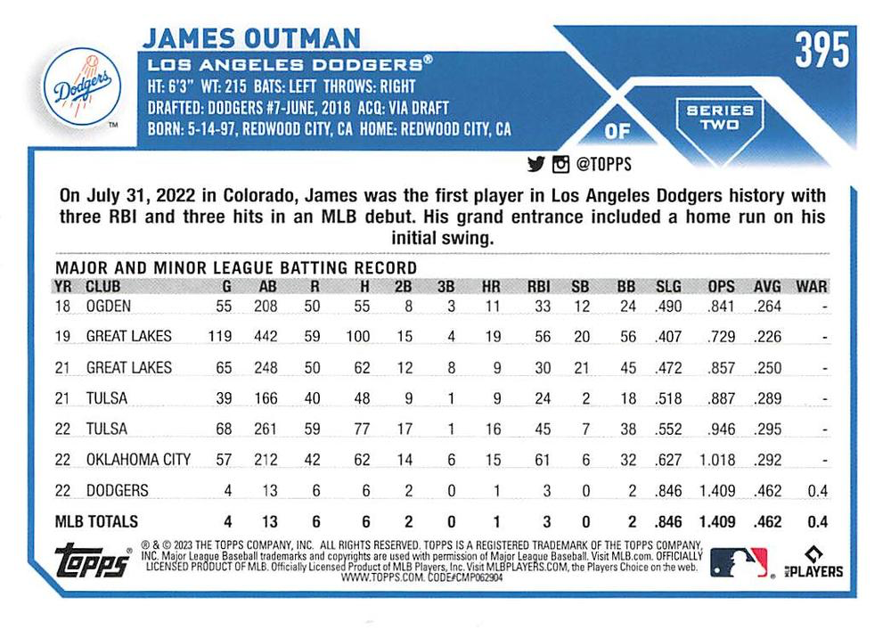2023 Topps Series 2 James Outman RC Los Angeles Dodgers #395