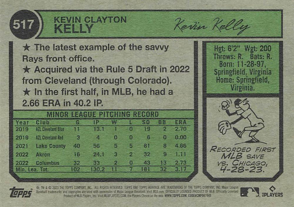 2023 Topps Heritage Kevin Kelly RC Tampa Bay Rays #517