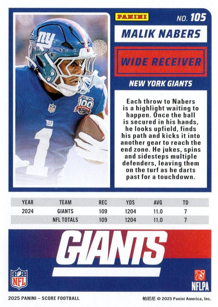 2025 Panini Score Malik Nabers #105 New York Giants