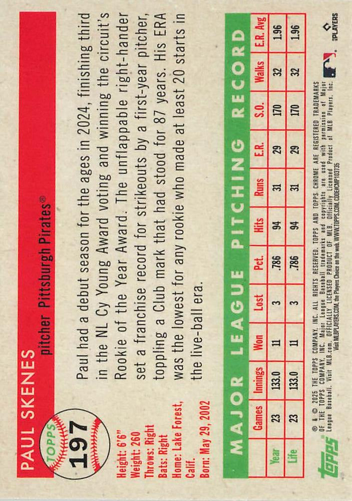 2025 Topps Chrome Platinum Paul Skenes #197 Pittsburgh Pirates