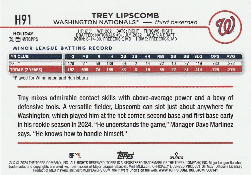 2024 Topps Holiday Trey Lipscomb RC Washington Nationals #H91