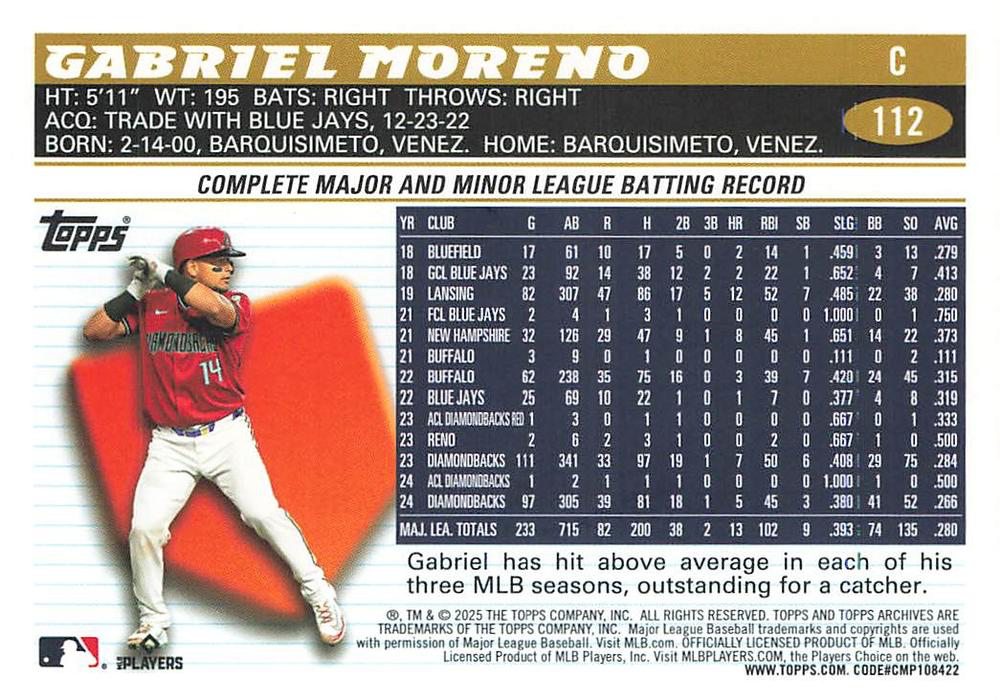 2025 Topps Archives Gabriel Moreno #112 Arizona Diamondbacks