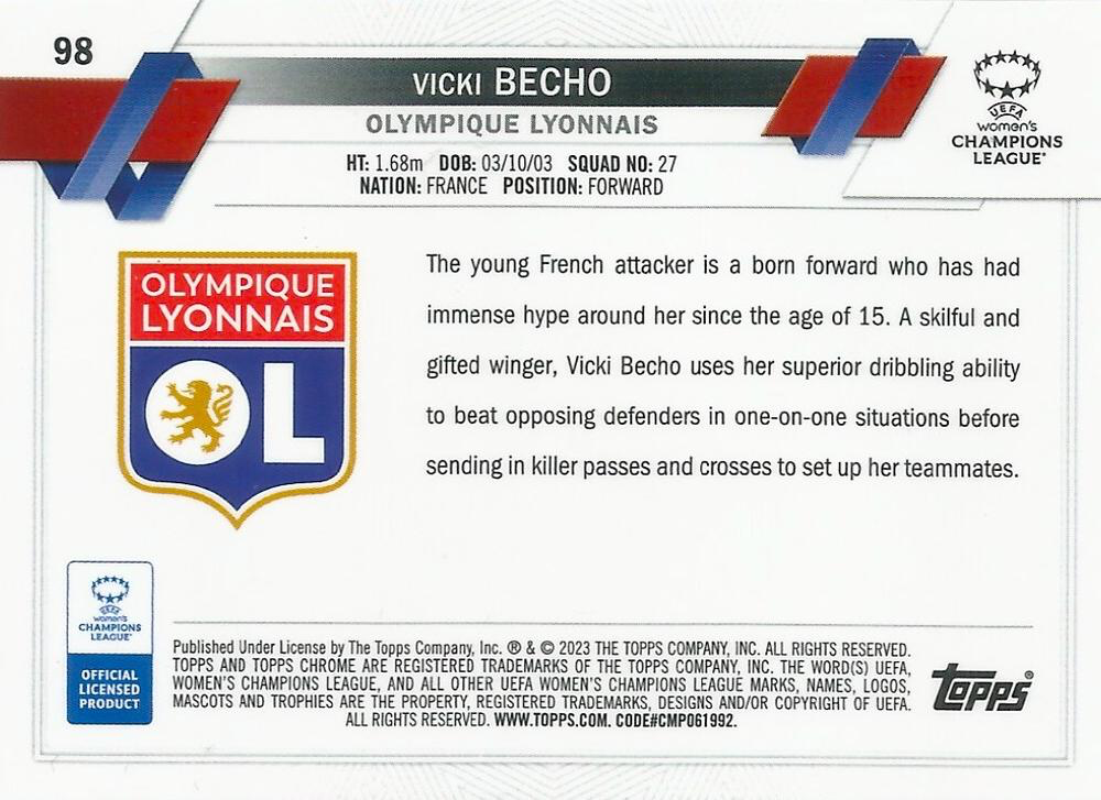 2022 Topps Chrome UCC Women's Vicki Becho RC #98 Olympique Lyonnais Feminin