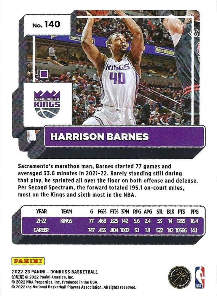 2022 Panini Donruss Harrison Barnes #140 Sacramento Kings