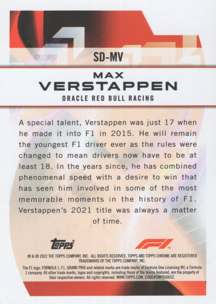 2022 Topps Chrome Formula 1 Speed Demons Max Verstappen SD-MV Oracle Red Bull Racing
