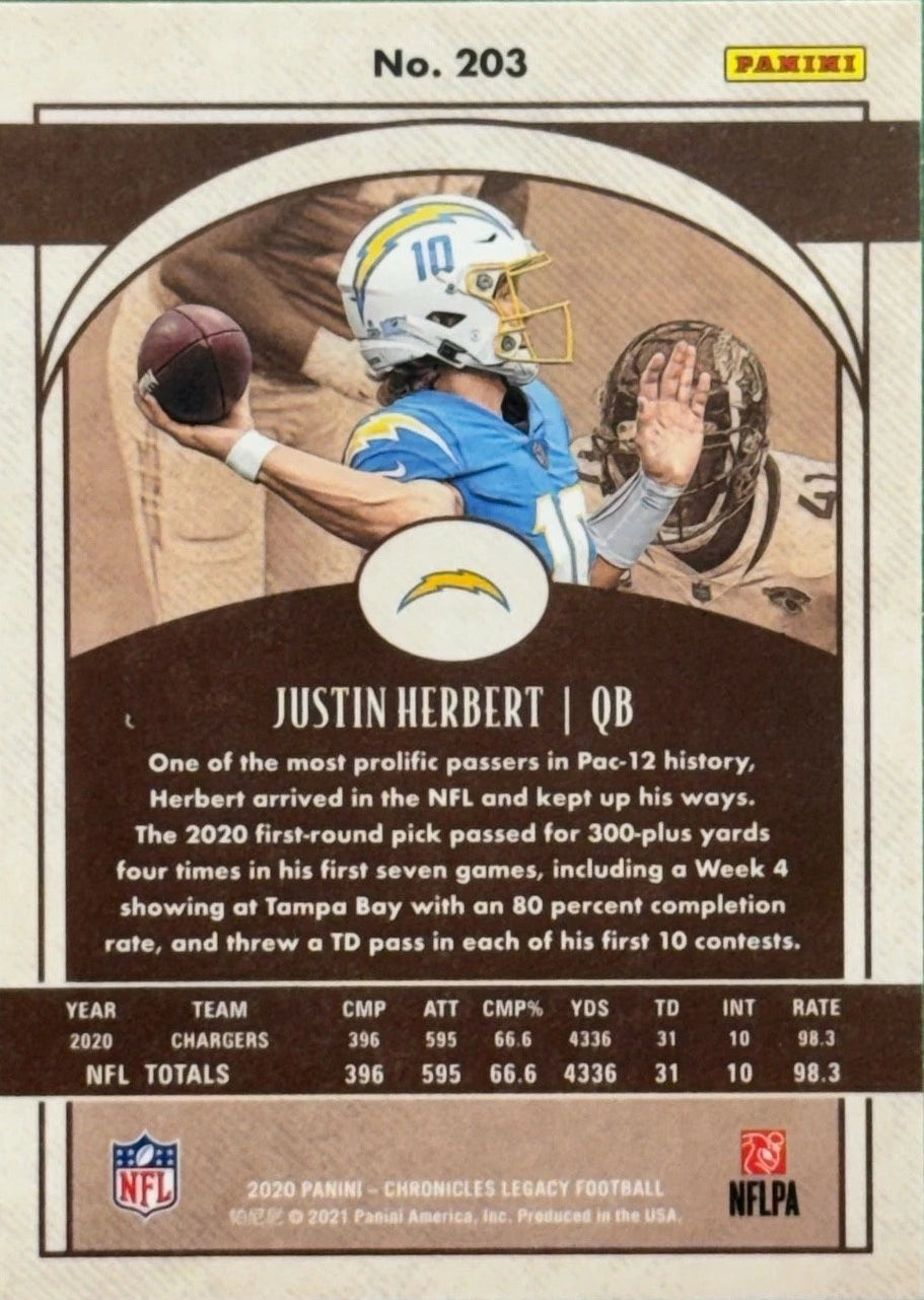 2020 Panini Chronicles Legacy Justin Herbert RC #203 Los Angeles Chargers