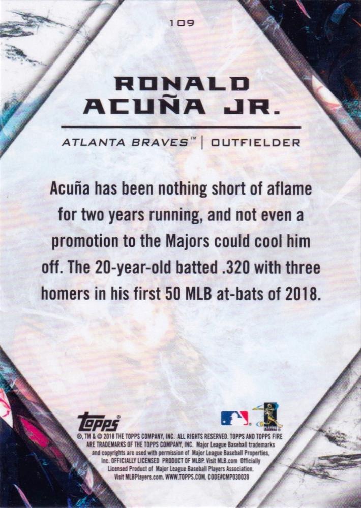 2018 Topps Fire Ronald Acuña Jr. RC #109 Atlanta Braves