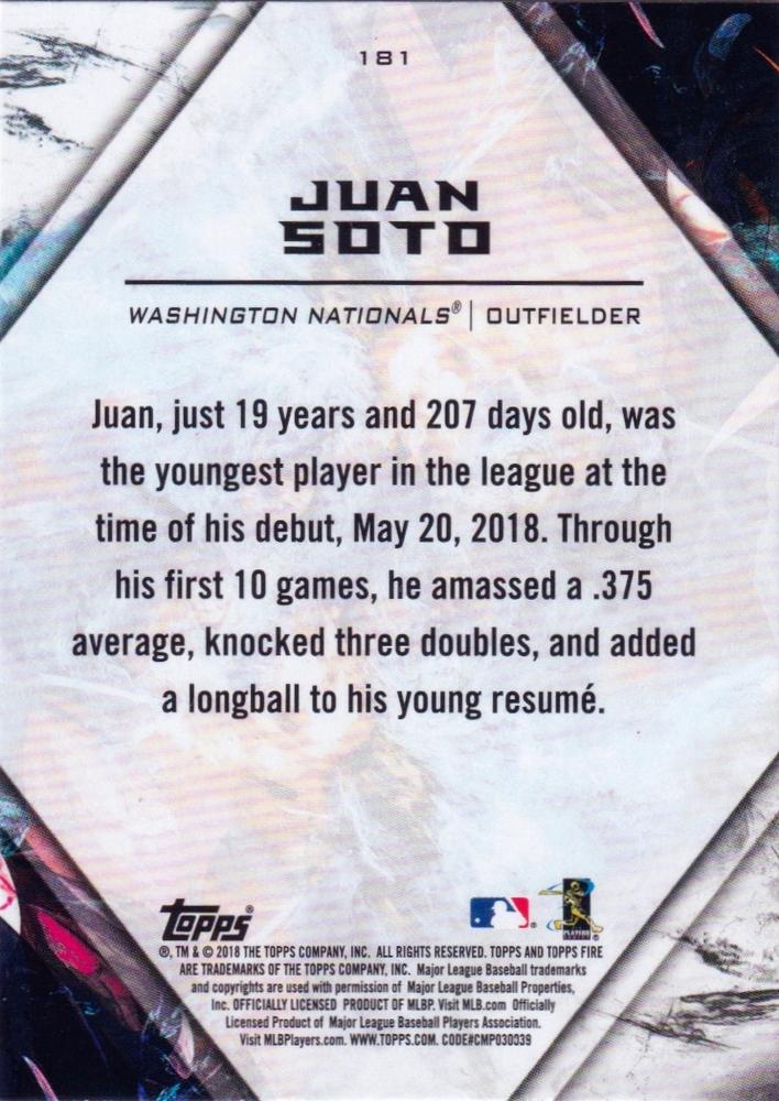 2018 Topps Fire Juan Soto RC #181 Washington Nationals