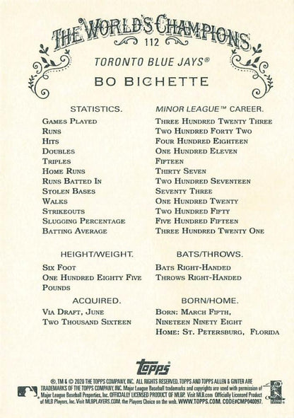2020 Topps Allen & Ginter Bo Bichette RC #112 Toronto Blue Jays