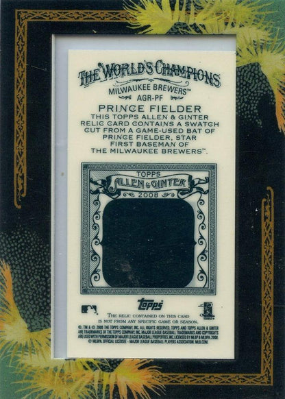 2008 Topps Allen & Ginter Framed Mini Relic Prince Fielder #AGR-PF Milwaukee Brewers