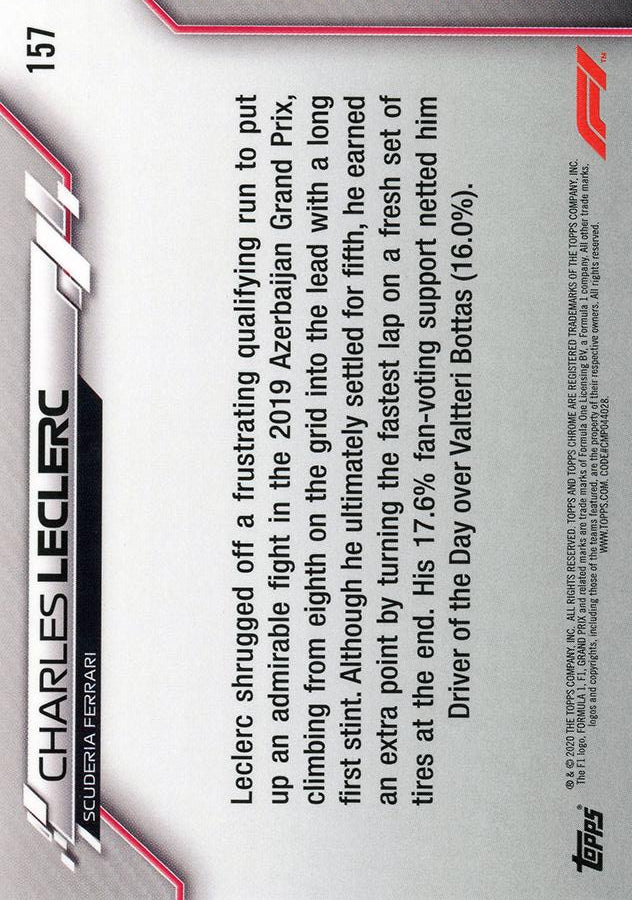 2020 Topps Chrome Formula 1 Charles Leclerc #157 Ferrari