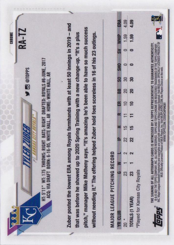 2021 Topps Chrome RC Autographs Tyler Zuber #RA-TZ Kansas City Royals