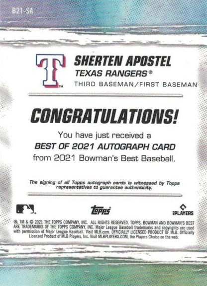 2021 Bowman's Best Best of 2021 Autographs Sherten Apostel AU #B21-SA Texas Rangers