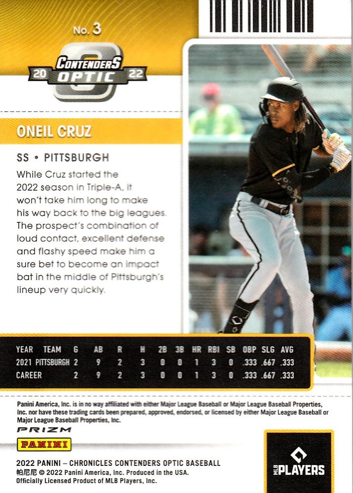 2022 Panini Chronicles Contenders Optic Building Blocks Oneil Cruz RC #3 Pittsburgh Pirates