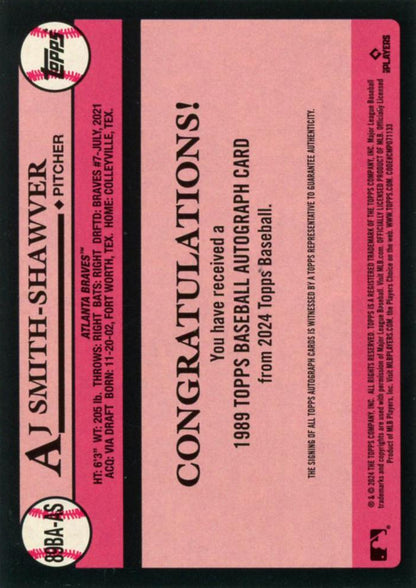 2024 Topps Series 1 1989 35th Anniversary Autograph AJ Smith-Shawver AU #89BA-AS Atlanta Braves