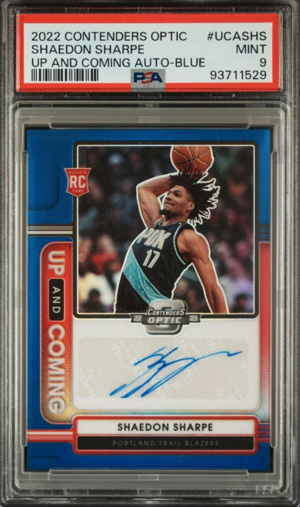 2022 Panini Contenders Optic Blue Auto /75 RC Shaedon Sharpe Portland Trail Blazers #UCA-SHS PSA 9