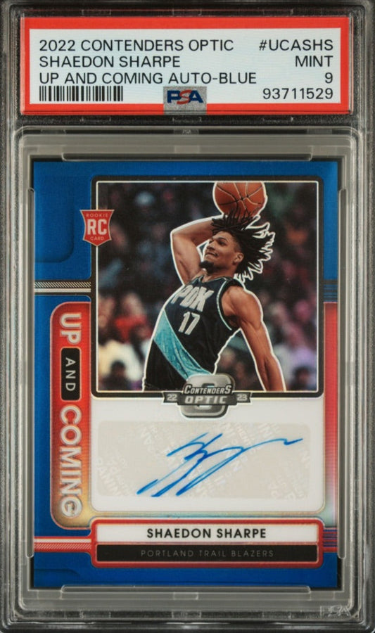 2022 Panini Contenders Optic Blue Auto /75 RC Shaedon Sharpe Portland Trail Blazers #UCA-SHS PSA 9