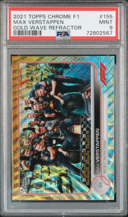 2022 Topps Chrome Formula 1 Gold Wave Refractor /50 Max Verstappen Red Bull Racing #155 PSA 9
