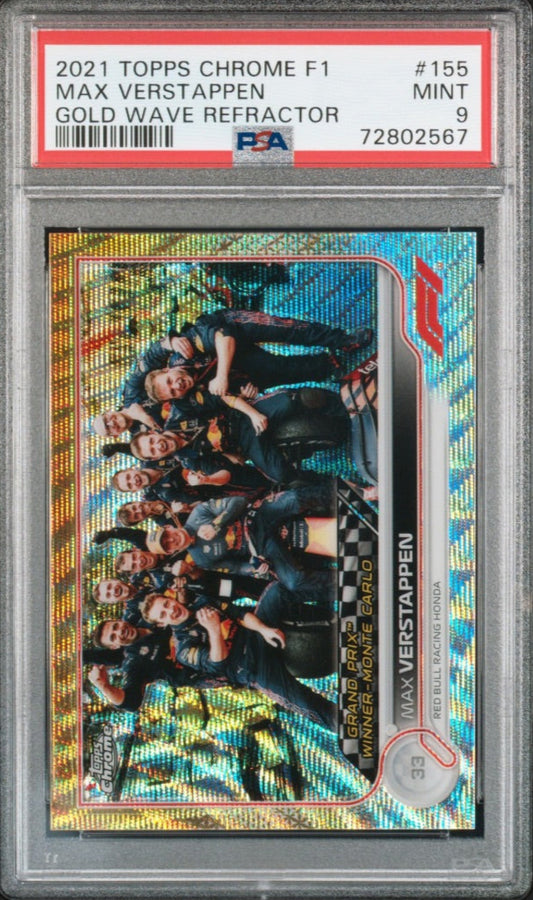 2022 Topps Chrome Formula 1 Gold Wave Refractor /50 Max Verstappen Red Bull Racing #155 PSA 9