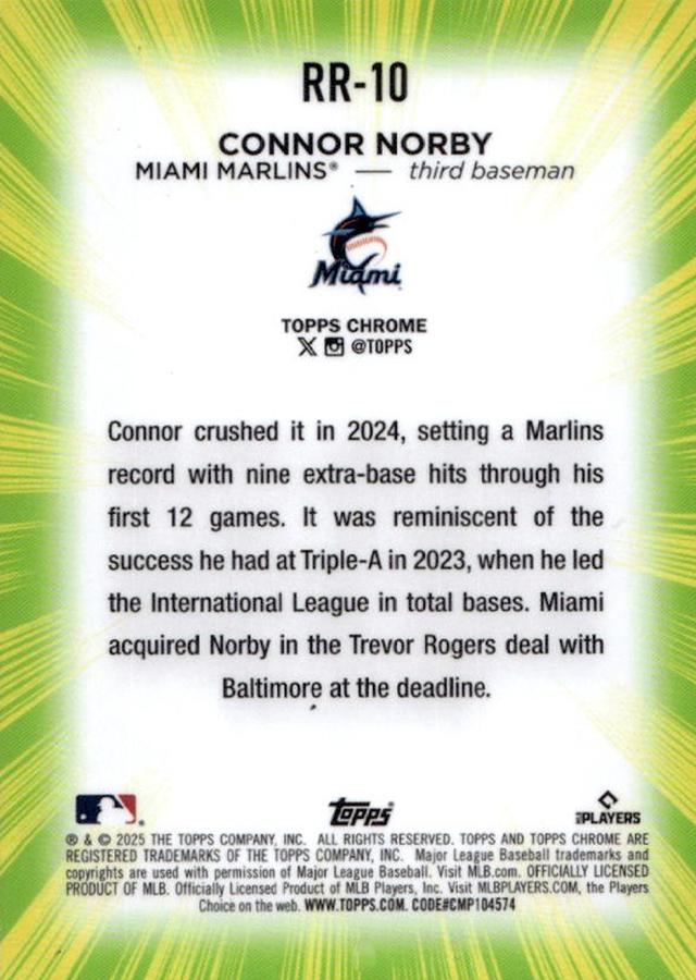 2025 Topps Chrome Radiating Rookies Connor Norby #RR-10 Miami Marlins