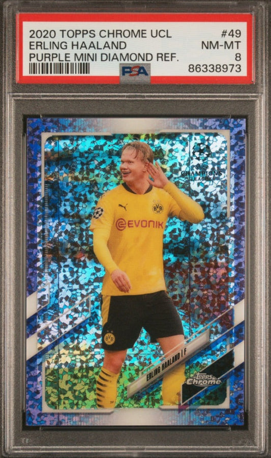 2020 Topps Chrome Purple Diamond /250 Erling Haaland Borussia Dortmund #49 PSA 8