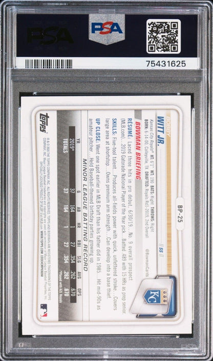 2020 Topps Bowman Bobby Witt Jr 1st #BP25 Kansas City Royals PSA 9