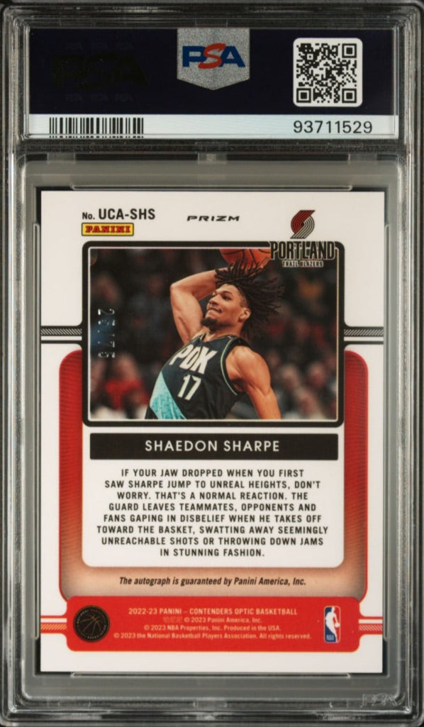 2022 Panini Contenders Optic Blue Auto /75 RC Shaedon Sharpe Portland Trail Blazers #UCA-SHS PSA 9