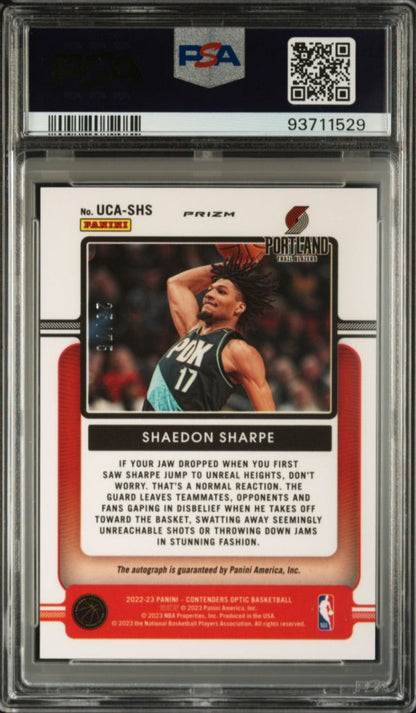 2022 Panini Contenders Optic Blue Auto /75 RC Shaedon Sharpe Portland Trail Blazers #UCA-SHS PSA 9