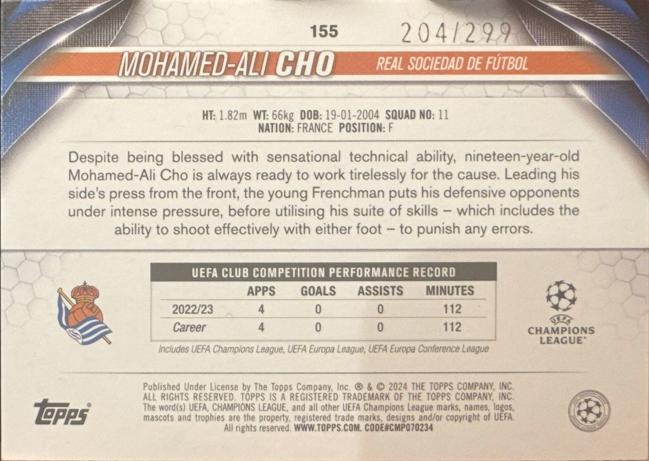 2023 Topps UCC Purple Foil Mohamed-Ali Cho Future Stars /299 #155 Real Sociedad