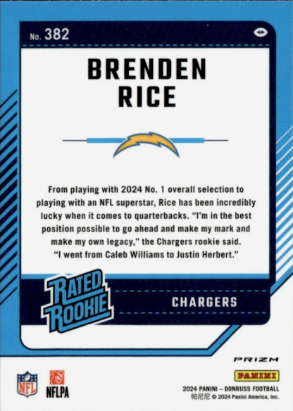 2024 Panini Donruss Optic Pink Preview Brenden Rice RC #382 Los Angeles Chargers