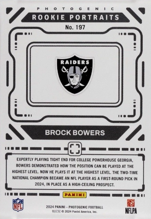 2024 Panini Photogenic Brock Bowers Rookie Portrait RC #197 Las Vegas Raiders