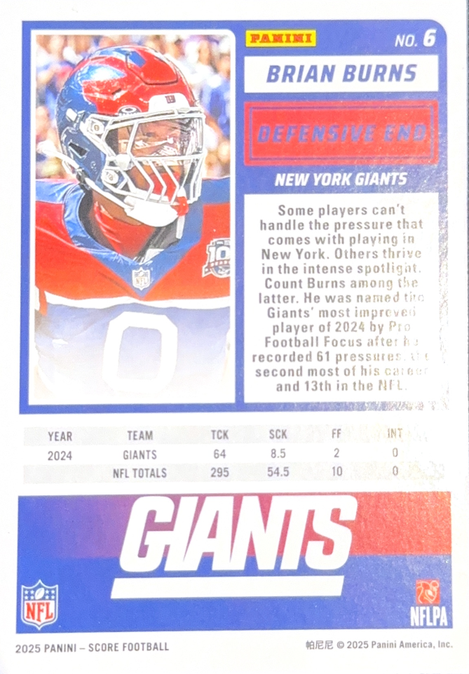 2025 Panini Score Showcase Brian Burns /250 #6 New York Giants
