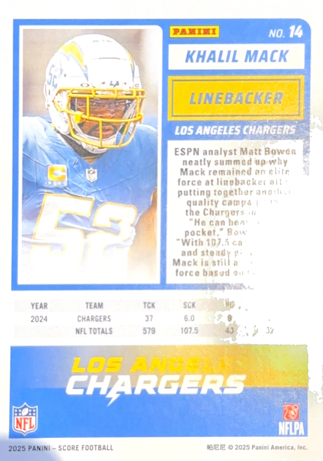 2025 Panini Score Showcase Khalil Mack /250 #14 Los Angeles Chargers