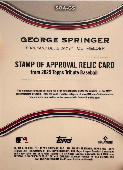 2025 Topps Tribute Patch /199 George Springer #SOA-GS Toronto Blue Jays