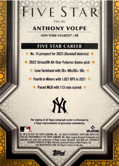 2023 Topps Five Star Autograph Anthony Volpe RC #FS-AV New York Yankees