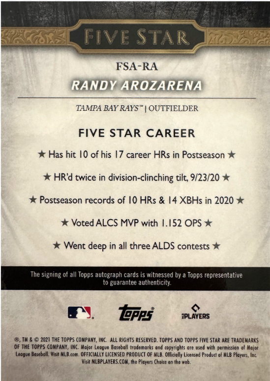 2021 Topps Five Star Autograph Gold /50 Randy Arozarena #FSA-RA Tampa Bay Rays