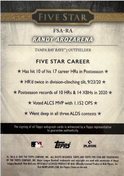 2021 Topps Five Star Autograph Gold /50 Randy Arozarena #FSA-RA Tampa Bay Rays