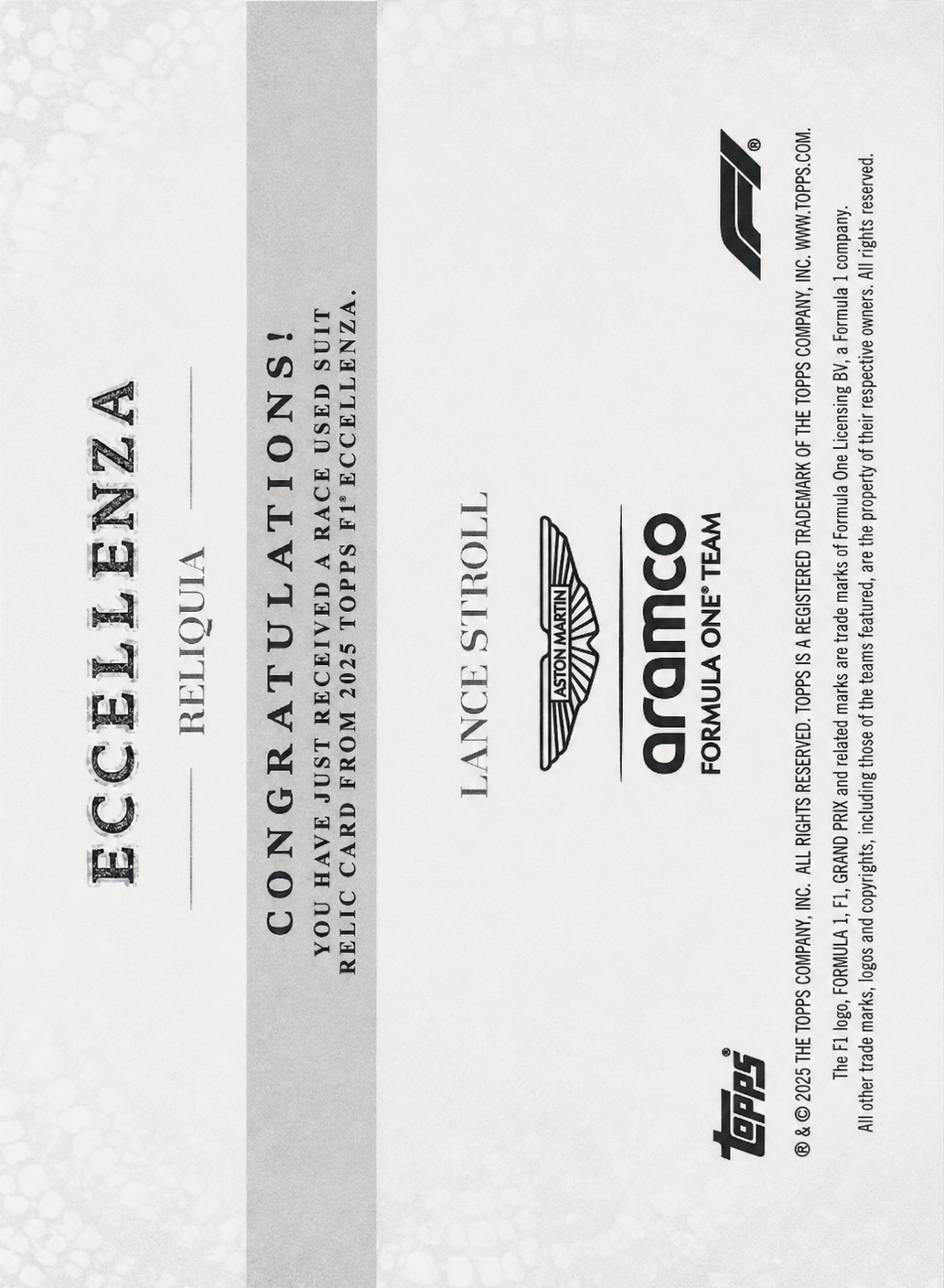 2025 Topps Eccellenza Formula 1 Relic Lance Stroll Aston Martin F1
