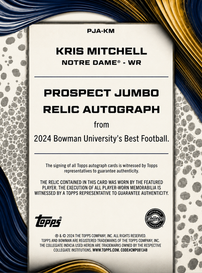 2024 Topps Bowman's Best Patch Autograph /25 Kris Mitchell #PJA-KM Notre Dame Fighting Irish