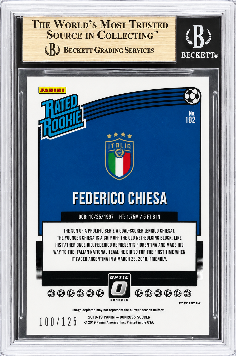 2018 Panini Donruss Optic Purple Velocity /125 RC Federico Chiesa RR #192 Italie BGS 9.5