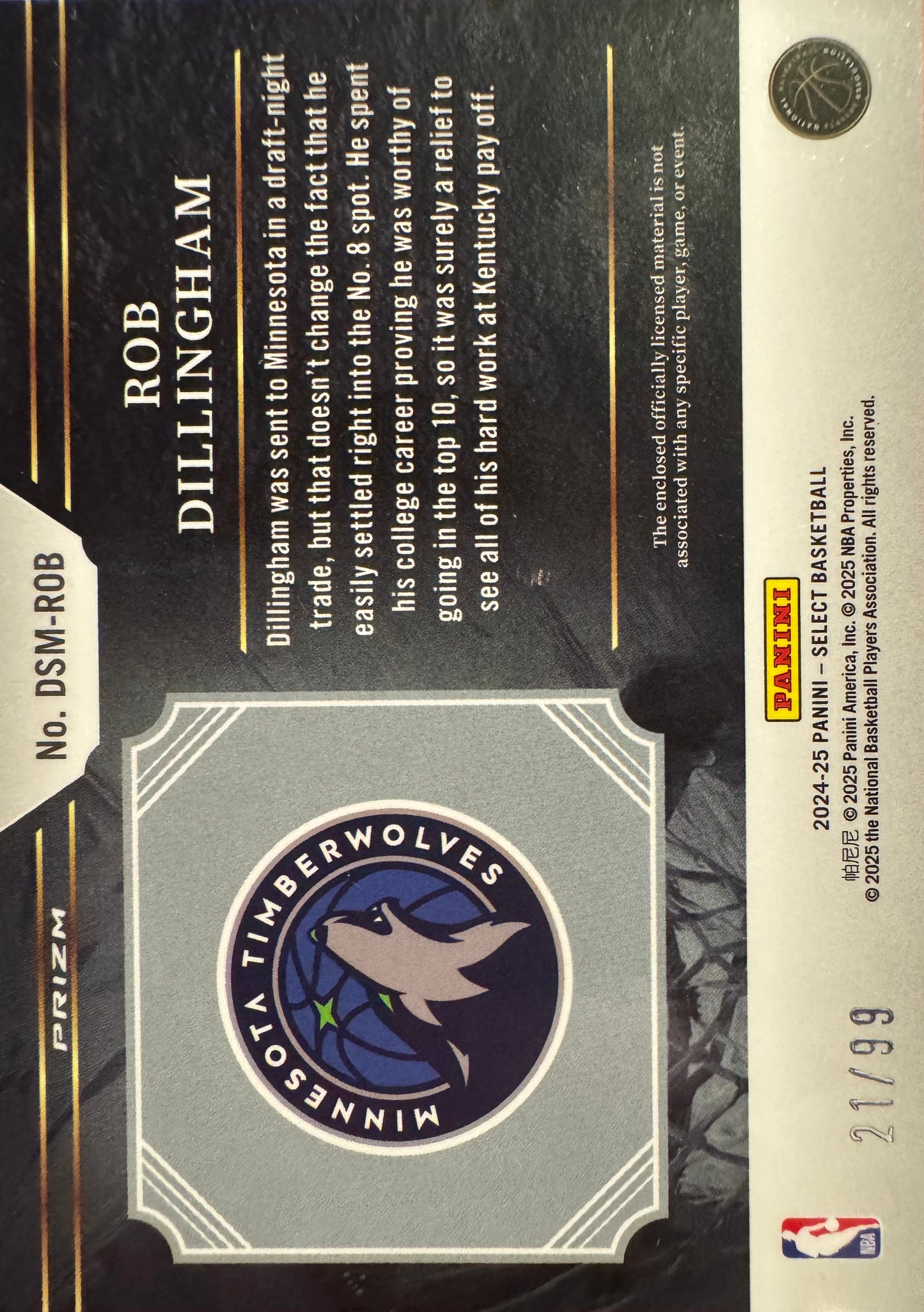 2024 Panini Select NBA Patch Purple /99 Rob Dillingham RC Tri-Color #DSM-ROB Timberwolves