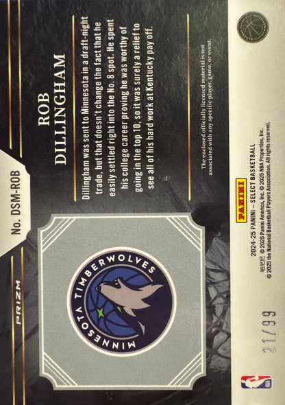 2024 Panini Select NBA Patch Purple /99 Rob Dillingham RC Tri-Color #DSM-ROB Timberwolves