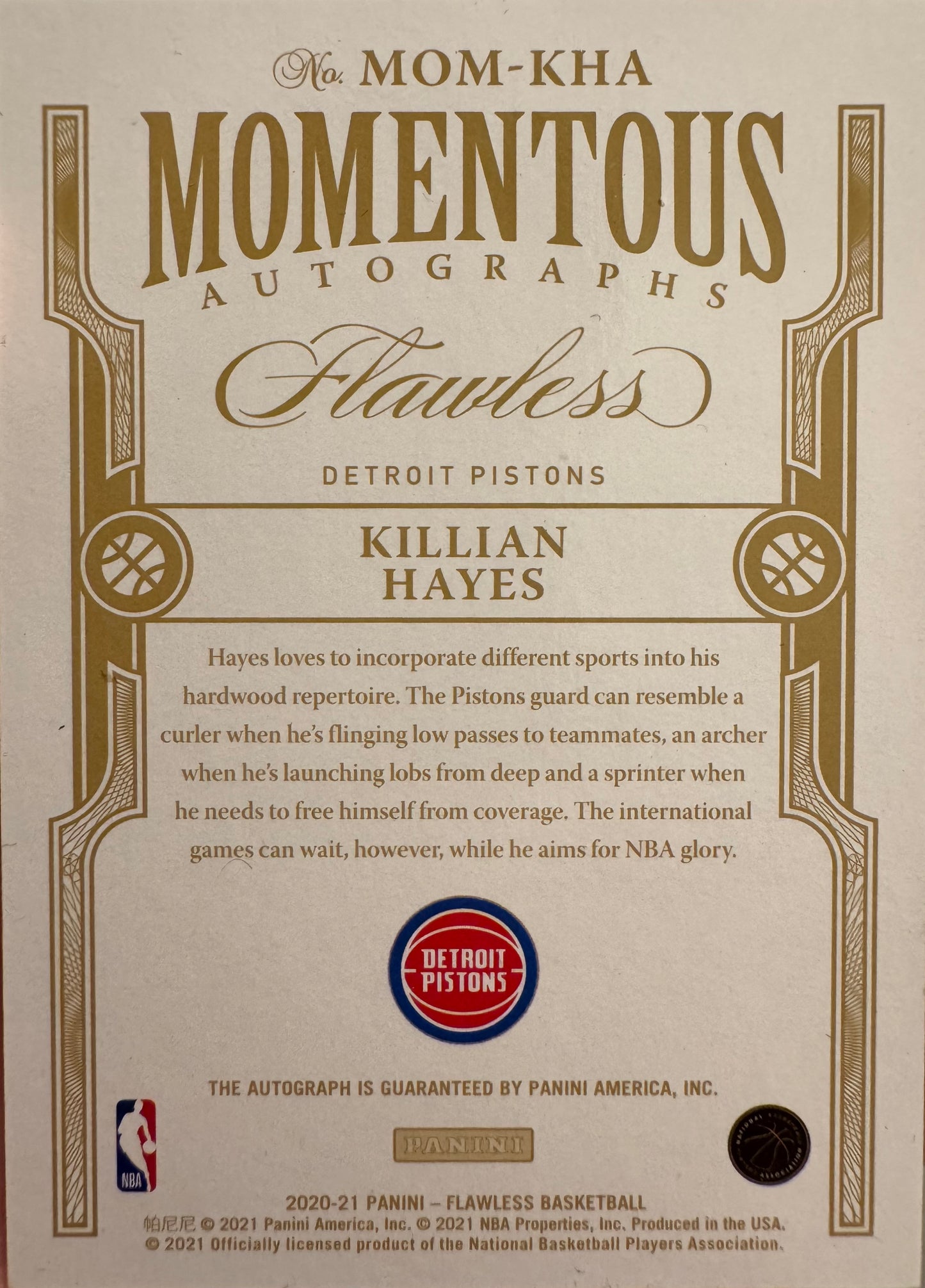 2020 Panini Flawless Autograph /10 Killian Hayes RC #MOM-KHA Detroit Pistons