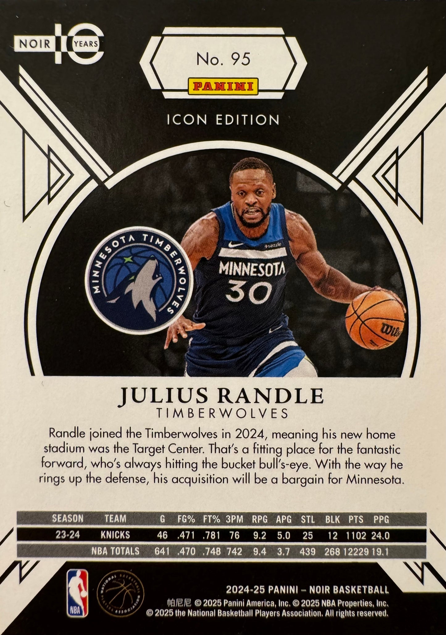 2024 Panini Noir Julius Randle /99 #95 Minnesota Timberwolves