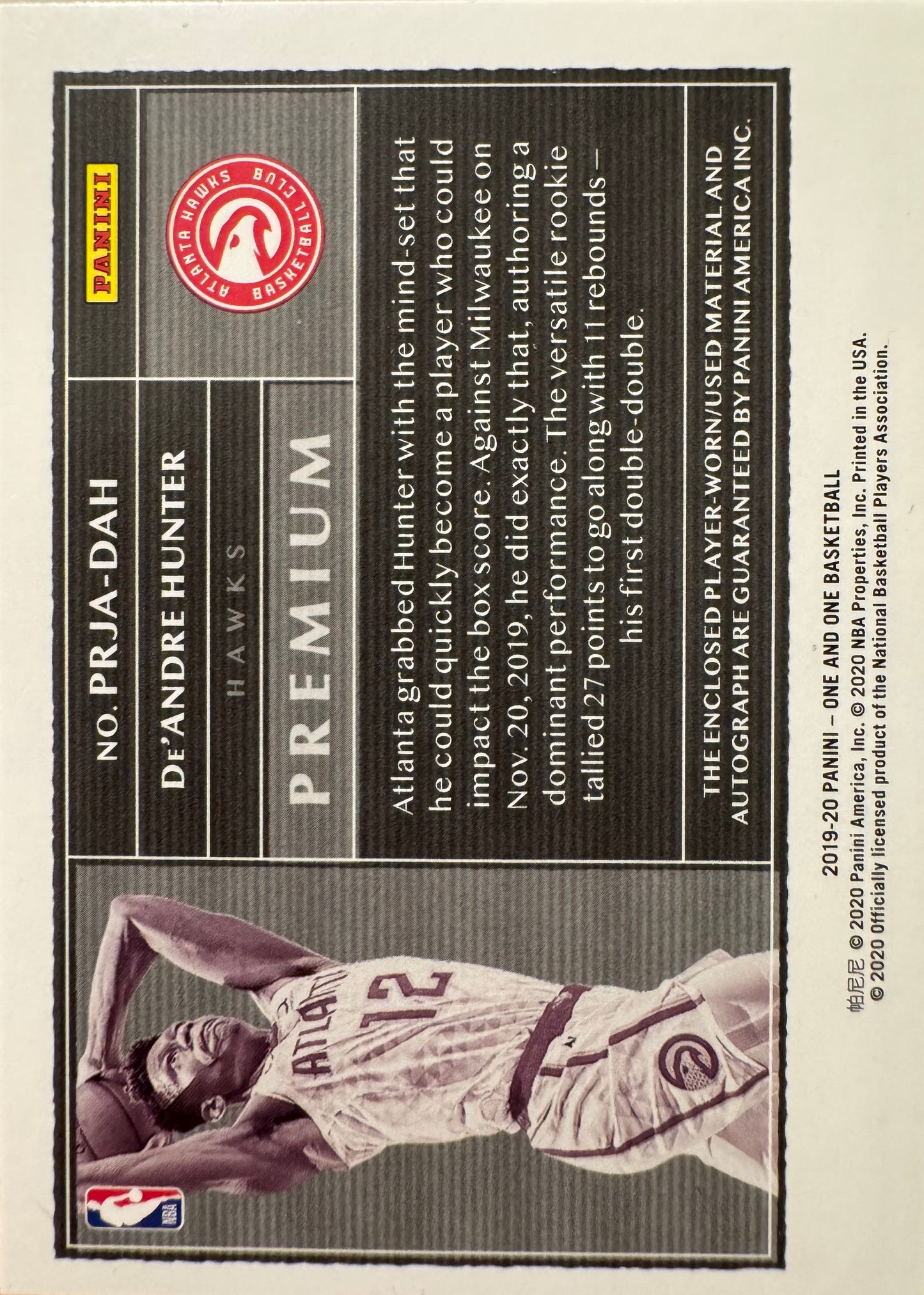 2019 Panini One RPA Patch Autograph /99 De'Andre Hunter RC #PRJA-DAH Atlanta Hawks