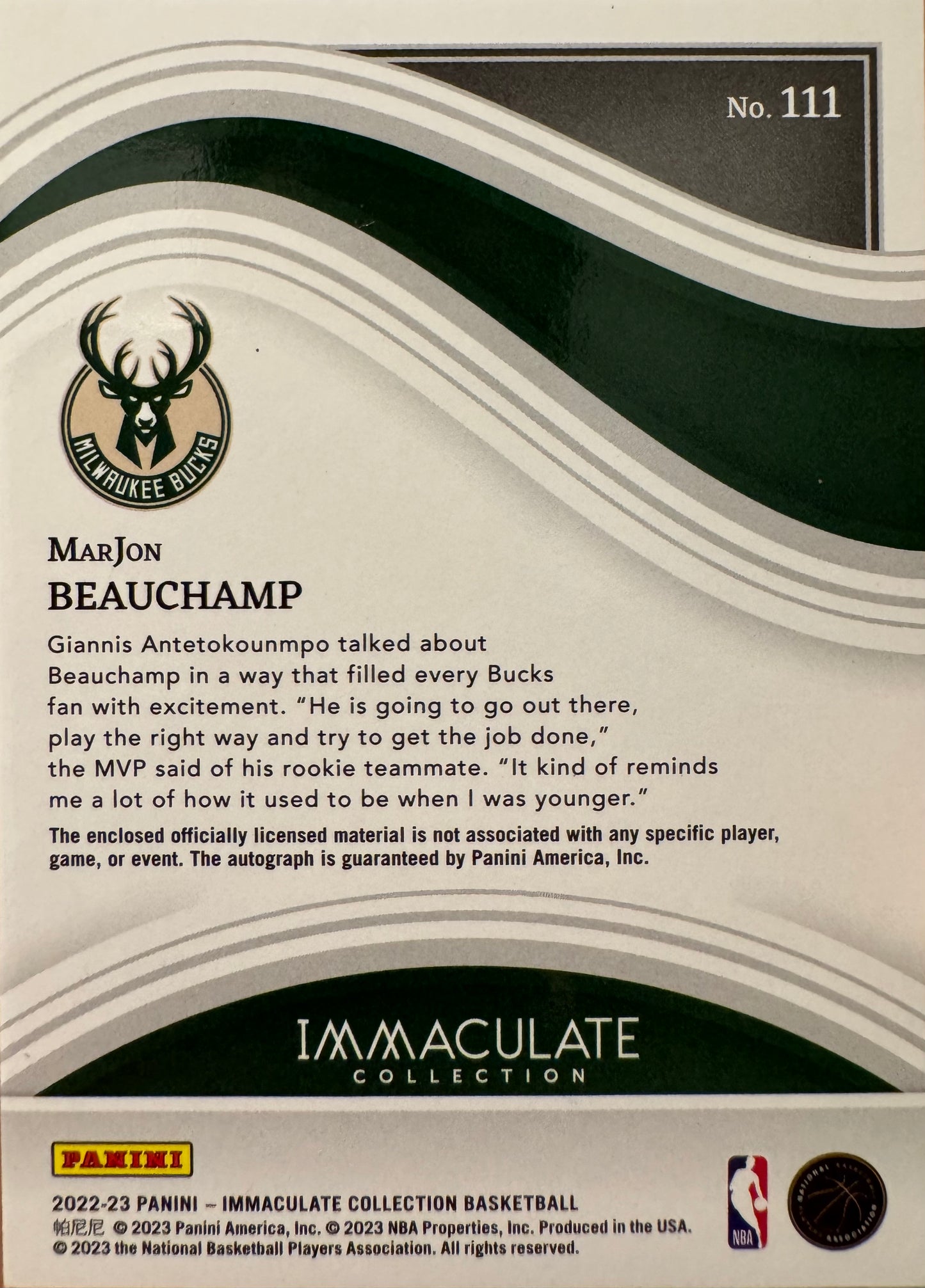 2022 Panini Immaculate RPA Patch Autograph /49 MarJon Beauchamp RC #111 Milwaukee Bucks