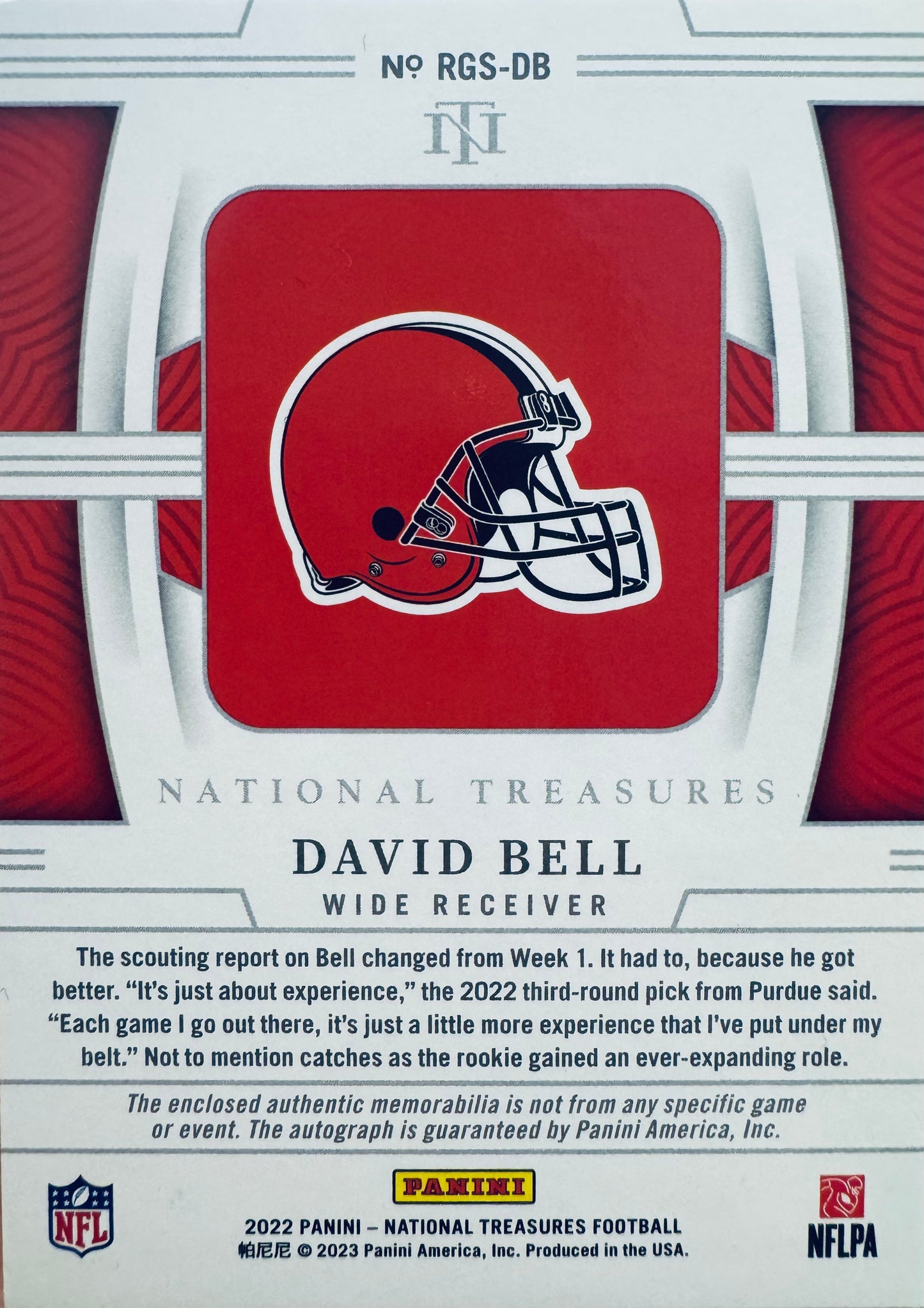 2022 Panini National Treasures RPA Rookie Patch Auto /10 David Bell #RGS-DB Cleveland Browns